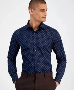 Alfani Mens Slim-Fit 4-Way Stretch Medallion Dress Shirt Navy Grn-14-14.5 32/33 - Picture 1 of 4
