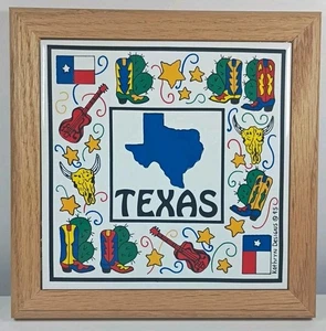 Vintage Kathryn Designs TEXAS Ceramic Tile Trivet 6" / Oak Wood Frame - Picture 1 of 9