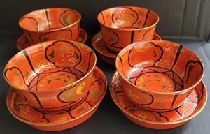 VINTAGE ORANGE JAPANISCHE WAJIMA LACKGESCHIRR SCHÜSSEL TELLER SET 4. - Bild 1 von 6