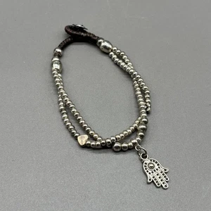 Bali Queen Hamsa Charm Silver Alloy Beaded Two Strand Waxed Linen Boho Bracelet - Picture 1 of 5