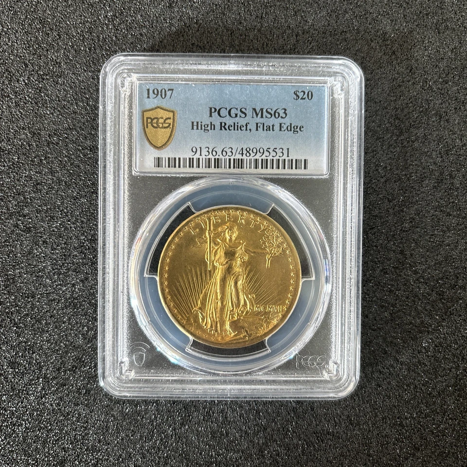 Borde plano alto relieve Saint Gaudens 1907 $20 doble águila graduación profesional MS63 Foto 1 de 3