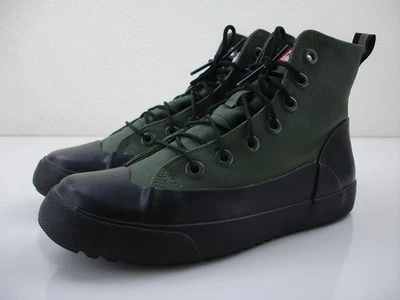 Women's sz 7 M Hunter Target Green Canvas Black Rubber Ankle Rain Boots Lace-Up - Image 1 of 4
