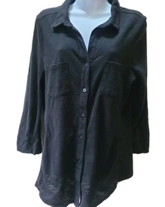 Merona Womens XL Top Button Up Shirt 3/4 Sleeve Black Semi-Sheer Stretch - Picture 1 of 14
