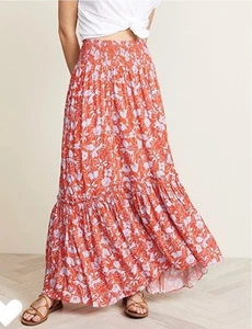 Free People Way of the Wind bedruckter Midirock orange blau Blumen gesmokte Taille  - Bild 1 von 9