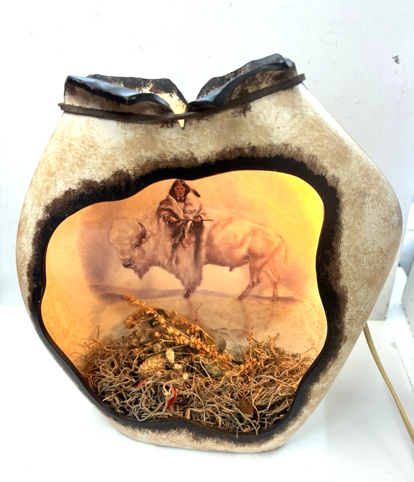 Vintage Native American Indian w/ Buffalo Night Light Lamp - Ceramic   - 10 Inch - Image 1 of 4