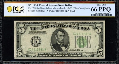 1934 $5 Dallas DGS Mule FRN - PCGS Banknote Gem 66 PPQ - TOP POP 1/0 at PCGS! - Image 1 of 2