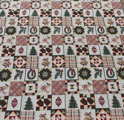Tapestry Fabric Xmas Christmas Quilt Squares Tree Ornament Wreath Bell Red Green - Image 1 of 2