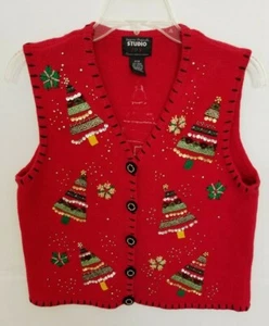 Designers Originals Studio Joy Vest Christmas Tree Design Red Knit Buttons Sz PM - Picture 1 of 6