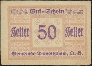 BIllet de nécessité - notgeld - Autriche Tumeltsham 50 heller 1920 ! - Imagen 1 de 2