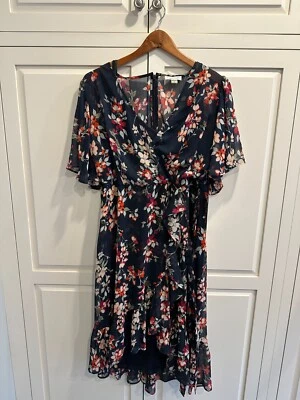 Calvin Klein Navy Blue Floral Size 14 Dress short Sleeves Tie Waist NEW w/tags - Image 1 of 4