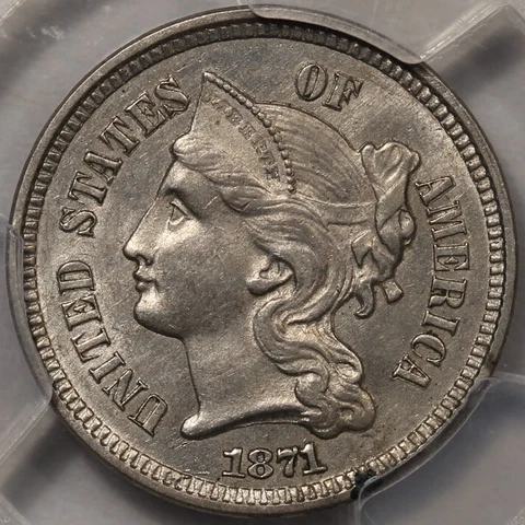 1871 Three Cent Nickel PCGS AU-58 Cover