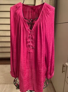 Jennifer Lopez Hot Pink Animal Print Long Sleeve Blouse Size 2X - Tie Front - Picture 1 of 13