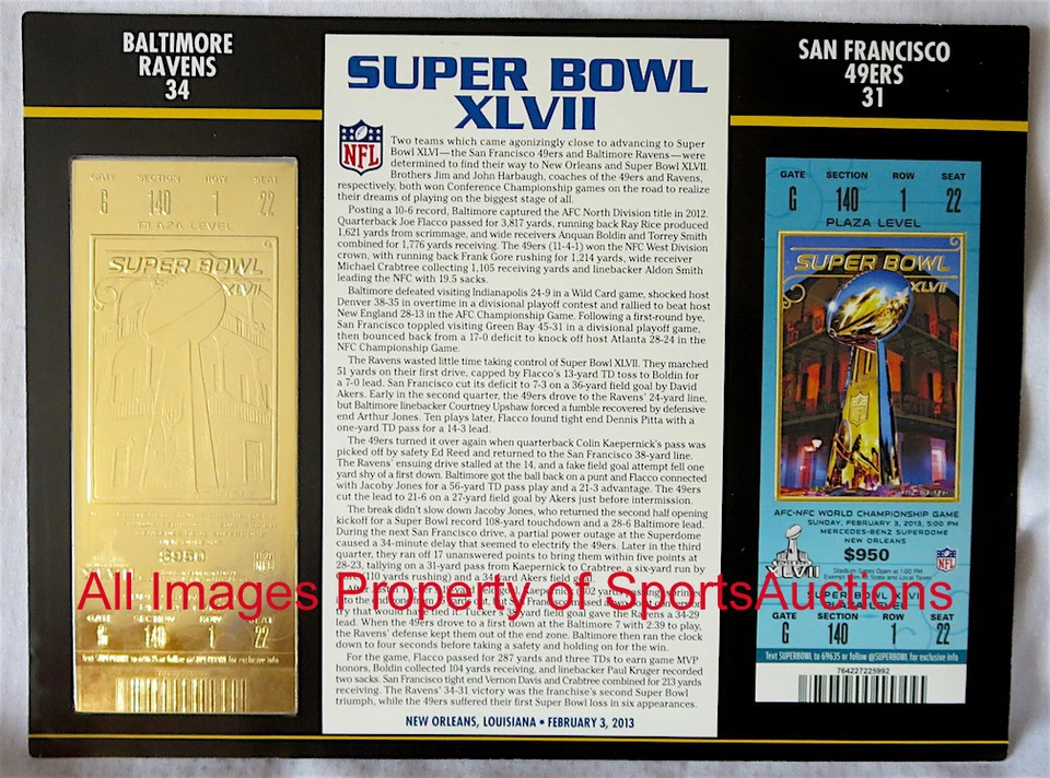 SUPER BOWL 47 BALTIMORE RAVENS / 49ERS Willabee & Ward boleto oro 22KT ~ XLVII Foto 1 de 1
