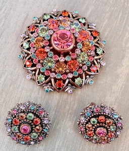 JOAN RIVERS Vintage Dome Round Brooch Pin & Earrings SET Bronze Tone Rhinestones - Picture 1 of 9