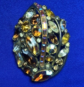 VINTAGE 1959 Hollycraft Amber Aurora Borealis Rhinestone Brooch Pin Oval - Picture 1 of 23