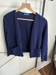 J. McLaughlin Navy Cotton Knit Open Front Fringe Edge Cardigan - SZ M - Picture 1 of 3