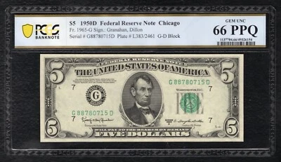 FR. 1965-G 1950-D $5 FRN CHICAGO, IL PCGS BANKNOTE GEM UNCIRCULATED-66PPQ (B) - Image 1 of 2