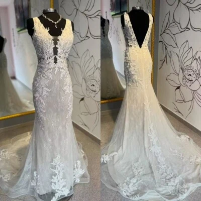 Mermaid Wedding Dresses Deep V Neck Backless Sexy Sleeveless Lace Bridal Gowns - Image 1 of 4