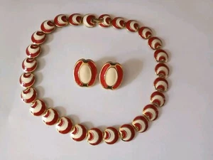 Vintage Mone Enamel Collar Necklace Clip Earrings Monet Red Cream 80s Deco Style - Picture 1 of 5