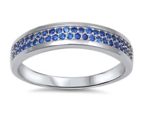 Sterling Silver 925 HALF ETERNITY WEDDING BAND BLUE SAPPHIRE CZ RING SIZES 5-10*