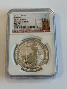 2023 Britain 1oz Silver Britannia QE II Obverse NGC MS70 FIRST DAY OF ISSUE FDOI - Picture 1 of 2