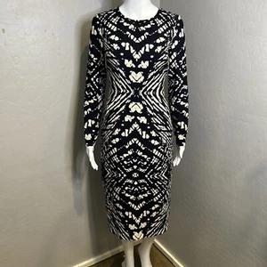 Maggie London Women’s Navy Blue Cream Geometric Long Sleeved Midi Dress Size 2 - Picture 1 of 17