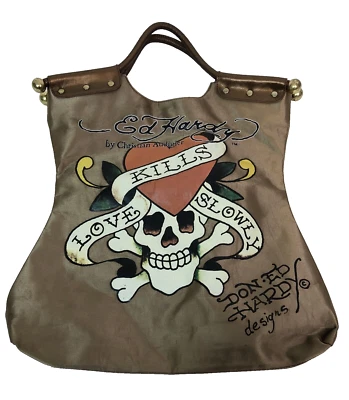 Ed Hardy Tatoo Art Messenger Handbag Tote Purse Love Kills Slowly Skull & Bones - Image 1 of 4