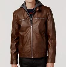 GUESS Mens Faux-leather Detachable-hood Motorcycle Jacket Brown Size M