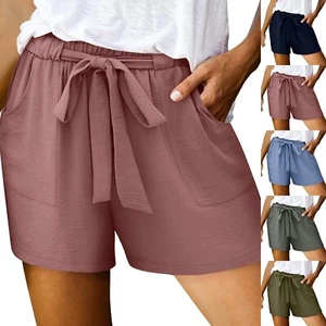 Linen Shorts For Women High Waisted Cotton Shorts Wide Leg Drawstring Pants - Picture 1 of 39