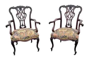 Pr. Antique English Chippendale Carved Mahogany Tapestry Upholstered Arm Chairs - Picture 1 of 11