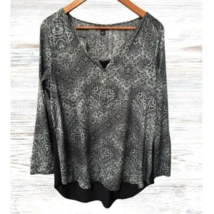 Rock & Republic Blue & Black Silver Print V Neck Tunic Roll Tab Sleeves Medium - Picture 1 of 10