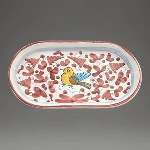 Mario Sambuco Deruta Ceramic Trinket Dish Oval Red Arabesco Yellow Bird Decor 8” - Picture 1 of 8