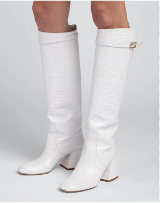 Fendi 40/9.5 码 PROMENADE Stivale Cocco 白色 Croc 压花女式高筒靴 — 第 1/4 张图片