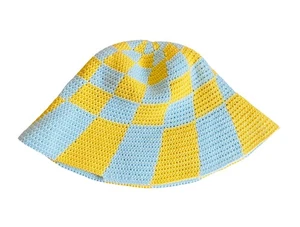 EMILY LEVINE Milan 100% Cotton Crochet Bucket Hat Gorgeous Blue Yellow Checked M - Picture 1 of 6