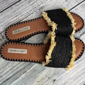Sandalias Chelsea y Violeta Negras Rafia Flecos Slide Boho 8.5 - Imagen 1 de 3