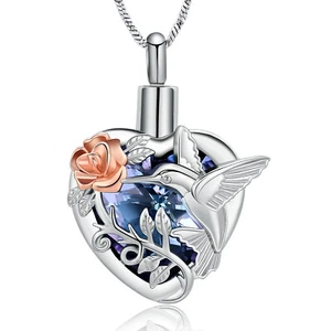 Hummingbird Rose Flower Crystal Heart Urn Pendant Necklace for Cremation Ashes - Picture 1 of 19