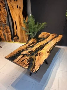 Epoxy Olive Wood Dining Table | Black & Gold Epoxy | 72"x36" Live Edge Resin Tab - Picture 1 of 8