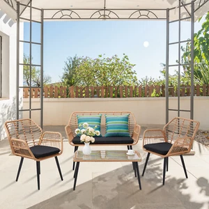 4-Piece Outdoor Wicker Rattan Patio Conversation Furniture Set with Table - Picture 1 of 18