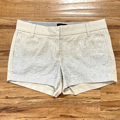 J Crew Collection Women White Sequin Tan Khaki Flat Front Cotton Shorts 08699 2 - Image 1 of 4