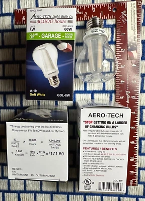 Box of 4 new A19 LED Light bulb 8w= 60w soft white rough service for garage door - Image 1 of 4