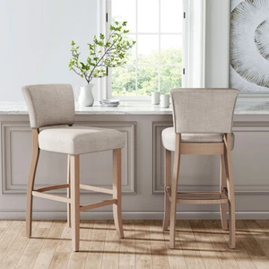 2X Linen Barstool Chairs High Back Bar Stools Footrest Backrest Wooden Legs Pub - Picture 1 of 12