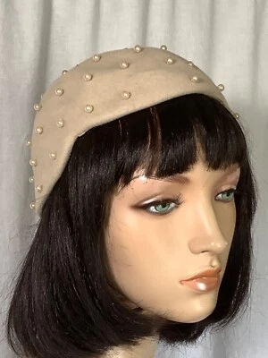 Vintage juliet cap Beige felt Pearl trim Cocktail hat 50s ren fair Shakespeare - Image 1 of 4