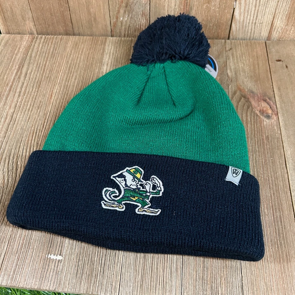 Notre Dame Irish Beanie Pom Knit Hat Cap Acrylic Green Navy Adult One Size NWT - Image 1 of 4