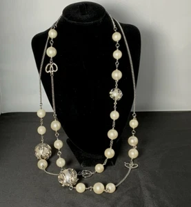 Silver Tone Stationed Faux Pearl/Crystal/Silver Beaded Strand Necklace 56" - Picture 1 of 7
