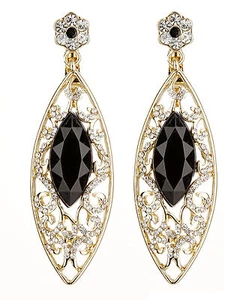 Black Clip On Earrings gold drop dangle with stones and clear crystals - Candy - Picture 1 of 3
