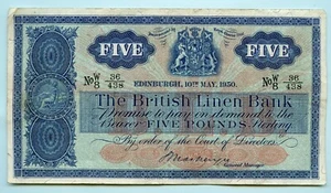 SCOTLAND BRITISH LINEN BANK FIVE POUNDS BANKNOTE 10th MAY 1950 - Picture 1 of 2