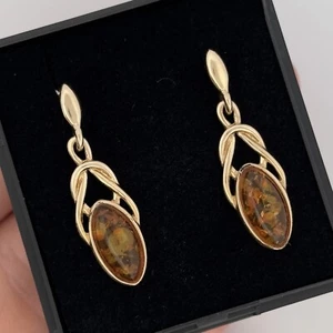 9ct Yellow Gold Amber Drop Dangle Earrings Hallmarked - Picture 1 of 4