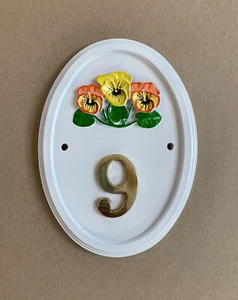 Large oval house number sign with pansy pansies flower motif - nos. 1 to 99 - Picture 1 of 24