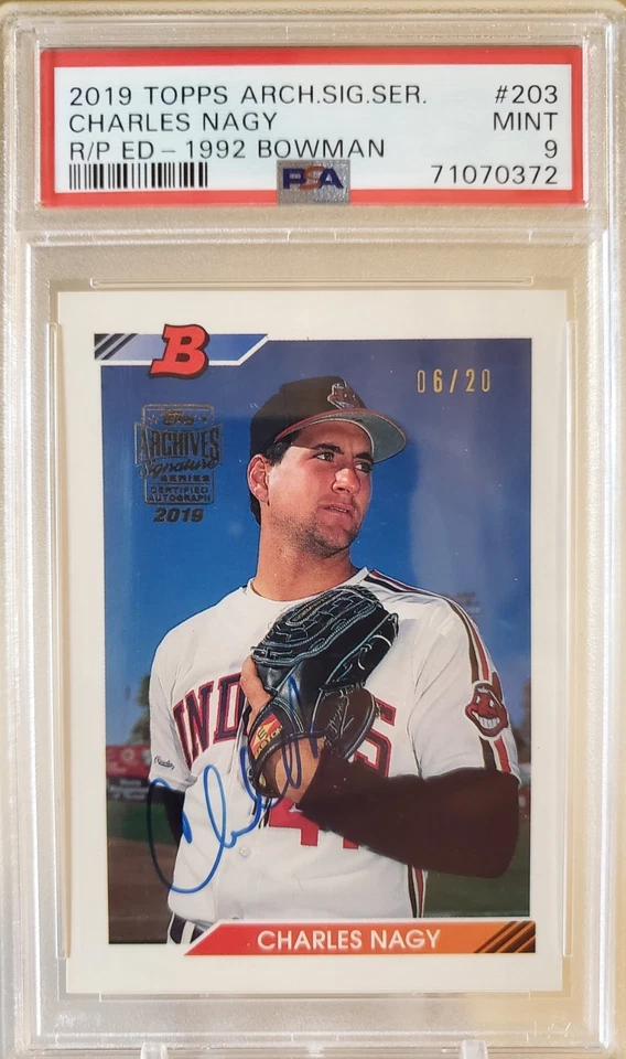 Tarjeta de radiocontrol autógrafa Bowman 2019 Topps Archives Auto Charles Nagy #/20 1992 PSA 9 Foto 1 de 3