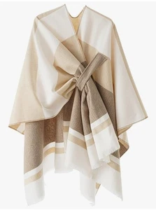 Poncho donna scollo a V incrociato davanti frange cappuccio termico moda scialli mantello - Foto 1 di 1